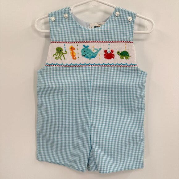 Lulu Bebe Cotton Smocked Pete Shortall Sea Animals sz 3 Months Baby Boy Jon Jon - Picture 1 of 6